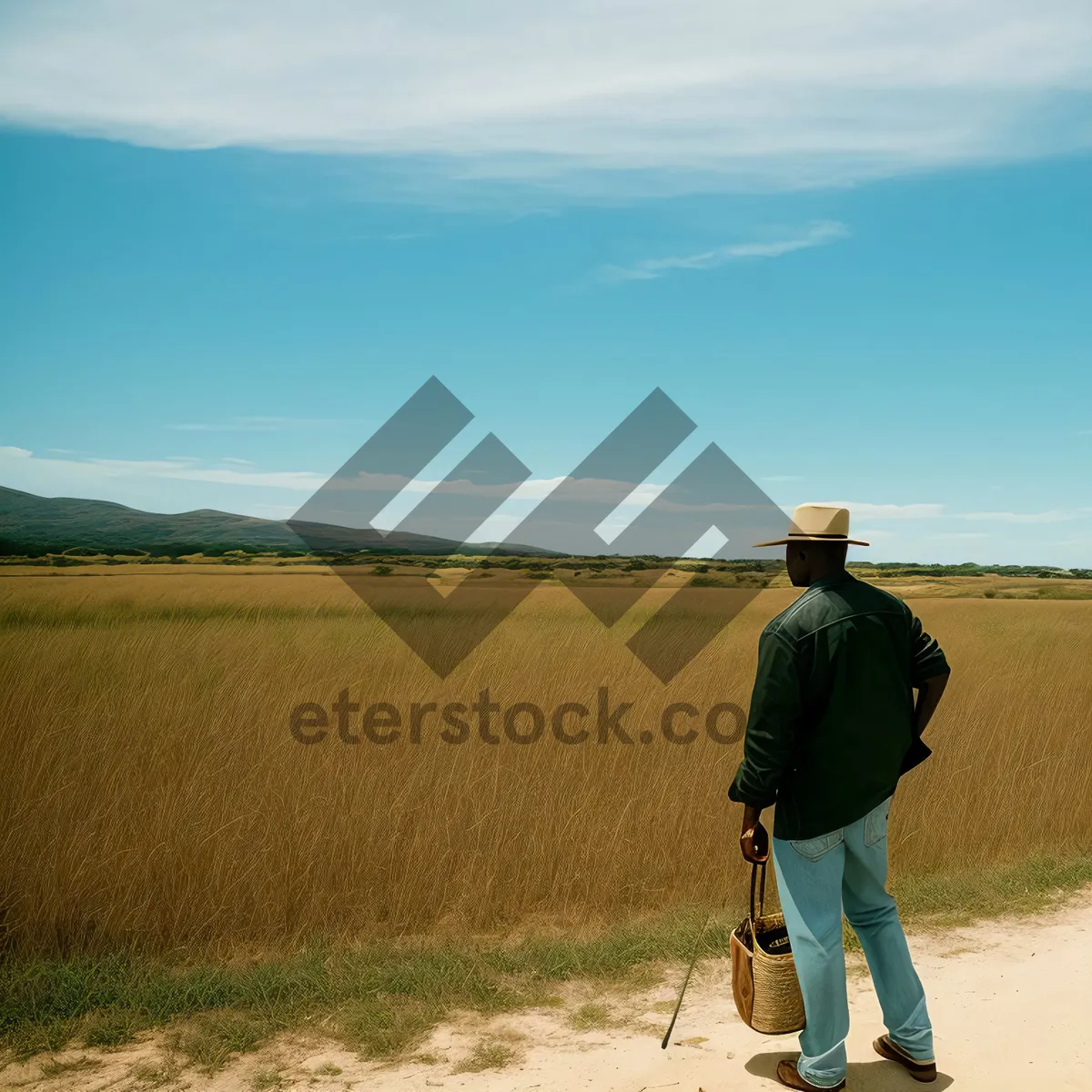 Picture of Active golfer using metal detector on scenic golf course