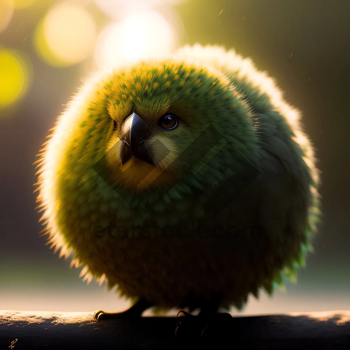 Picture of Fluffy and Cute Yellow Bird perched on Acorn