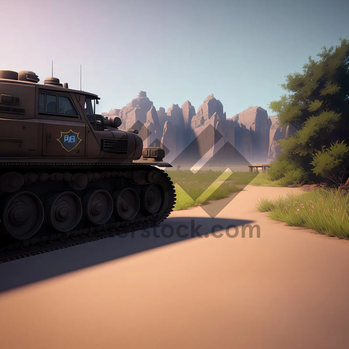 Picture of Military Half-Track Truck on Road under Clear Sky