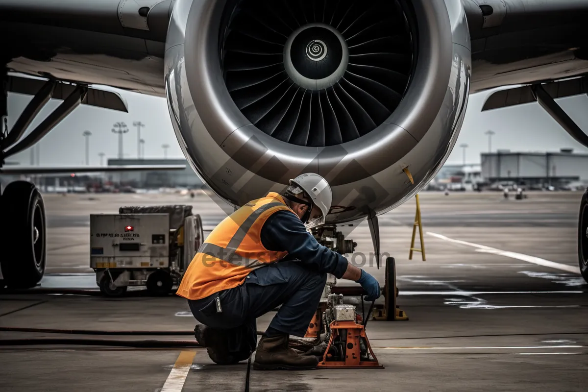 Picture of Jet engine powering aircraft on airport tarmac