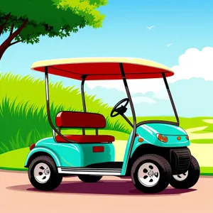 Cartoon Golfer Driving a Vintage Car on a Summer Golf Course