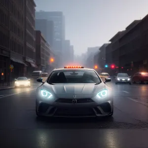 Speeding police van on illuminated highway