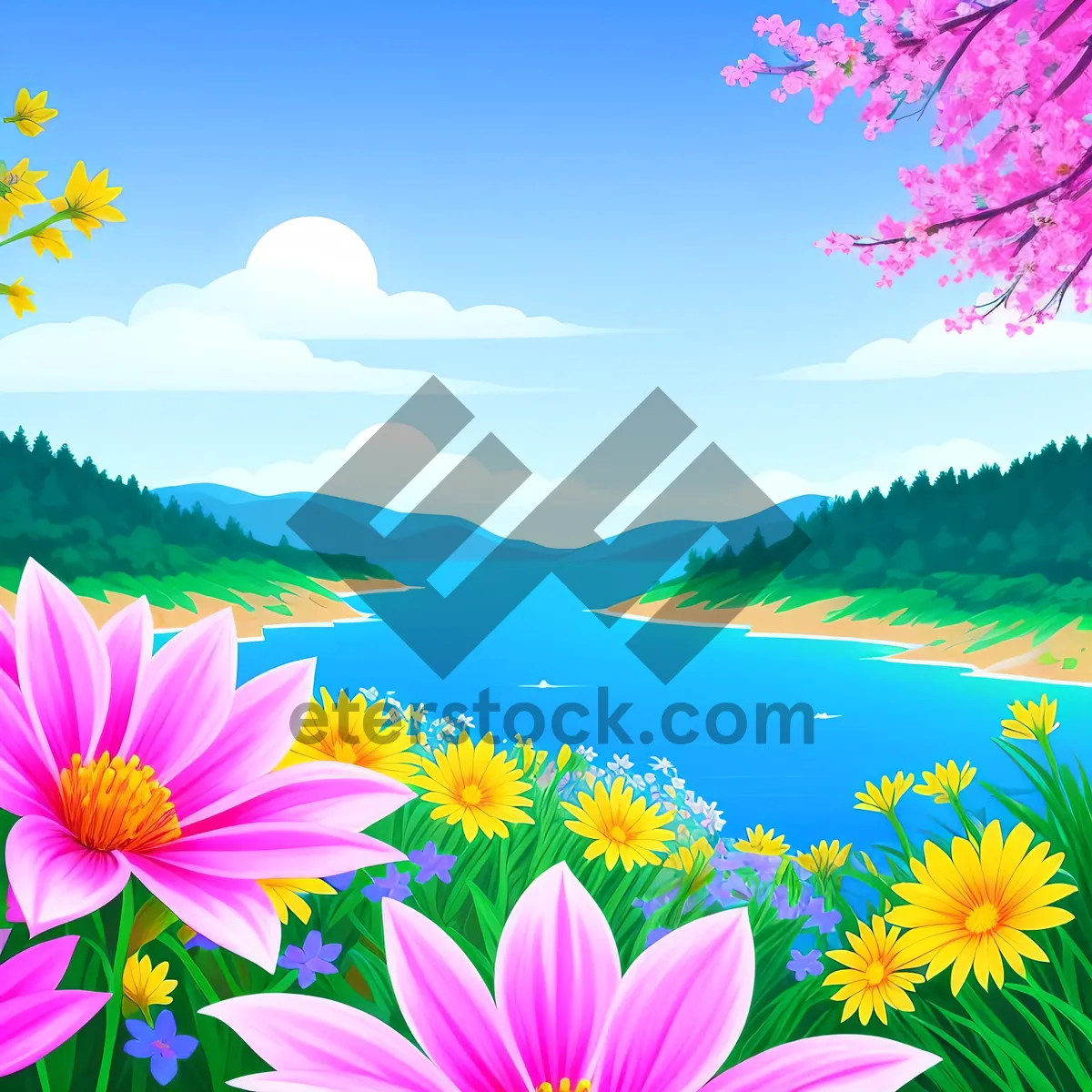 Picture of Summer Blooms: Vibrant Sunflower in Pink Floral Meadow