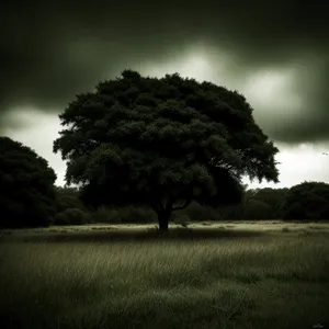 Peaceful countryside landscape with lush green fields and trees under a cloudy sky