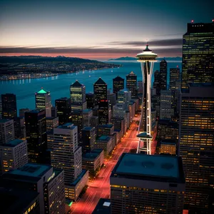 Majestic Nighttime Urban Skyline: High-rise Buildings Illuminate the City