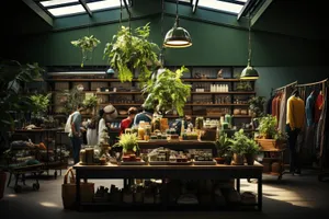 Supermarket interior with counter and chairs