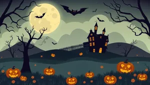 Moonlit Halloween Night Cartoon Landscape with Pumpkin Patch