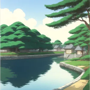 Serene Tropical Park with Reflections on Water