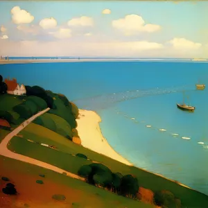 Serene Coastal Beachscape with Sun and Waves