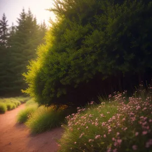 Autumn Forest Landscape with Road and Sprinkler