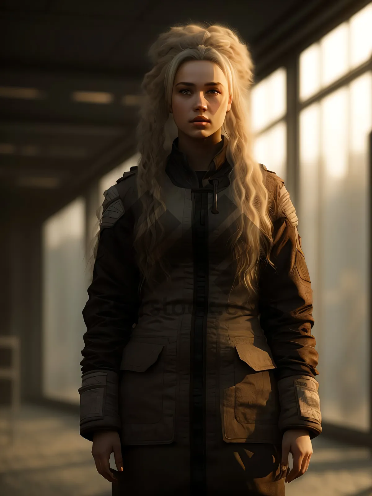 Picture of Smiling Fashion Model in Leather Trench Coat