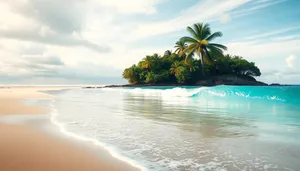 Tropical paradise beach with palm trees and turquoise water.