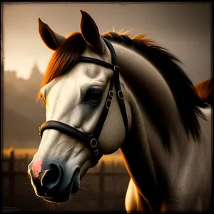 Stallion sporting protective bridle and mane.