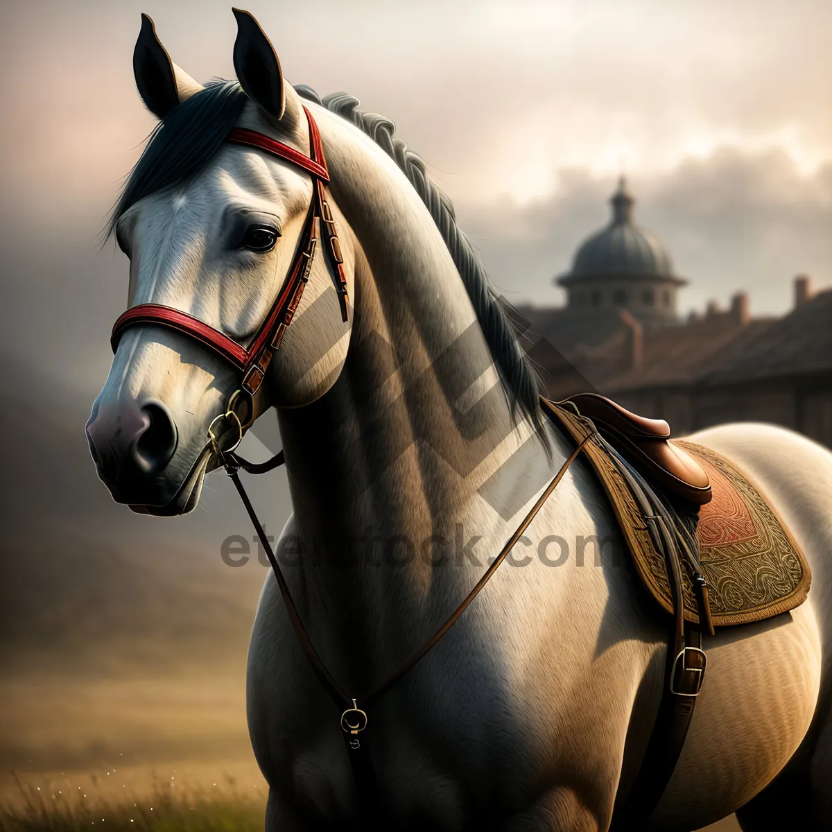 Picture of Brown Thoroughbred Horse in Bridle and Halter