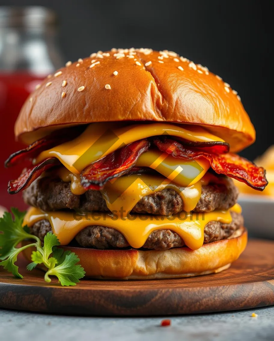 Picture of Grilled cheeseburger with fresh vegetables and sesame bun.