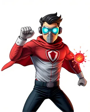 Cartoon superhero man with cape and goggles	icon