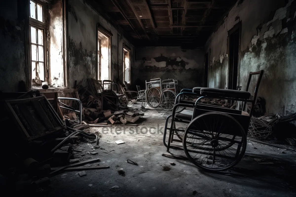 Picture of Antique wheelchair by the window in old house.