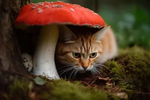 Fluffy kitten with curious eyes and mushroom ears.