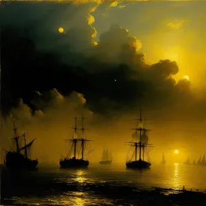 Sailboat silhouette on golden seascape