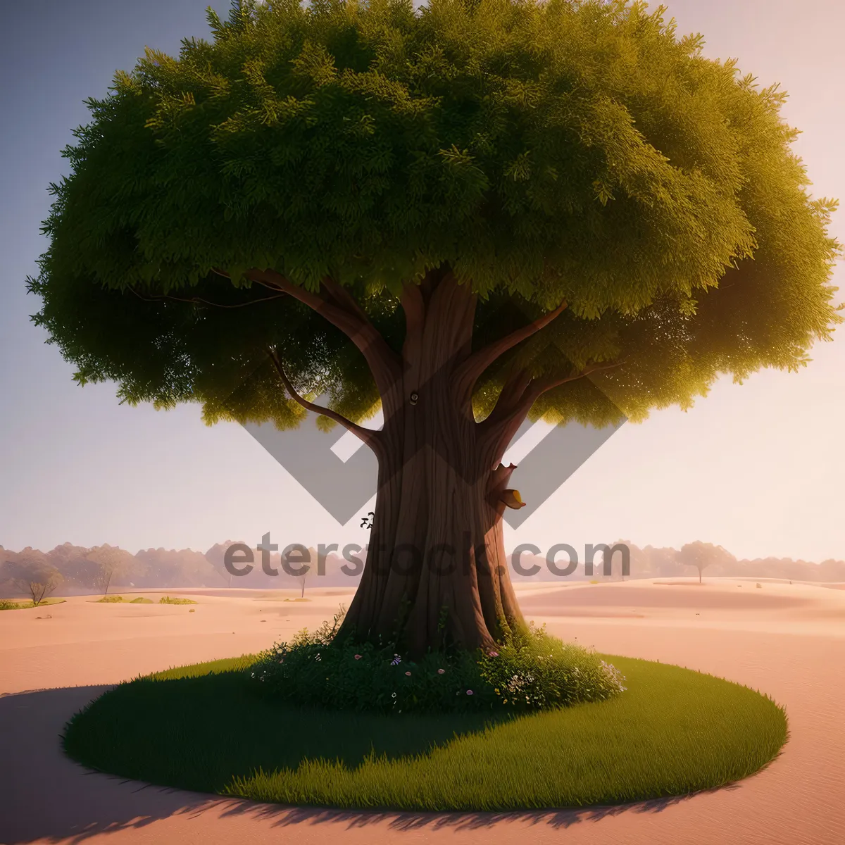 Picture of Serene Summer Landscape with Majestic Oak Tree and Flowing Fountain