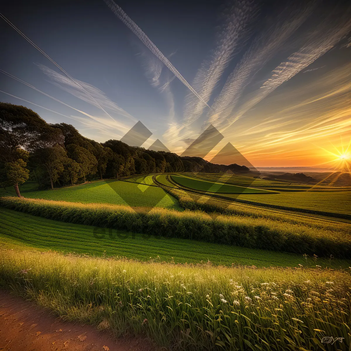 Picture of Idyllic countryside sunset over rolling farmland