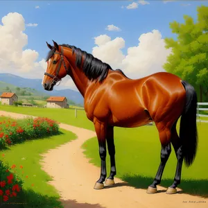 Thoroughbred Stallion Leading in Rural Equestrian Meadow
