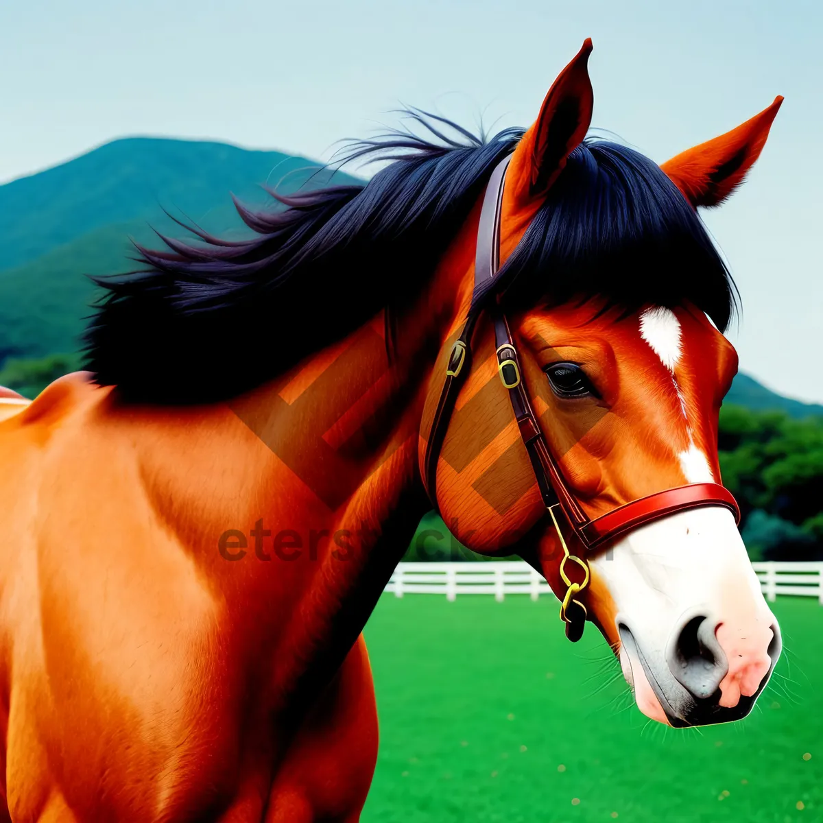 Picture of Majestic Thoroughbred Stallion Grazing in Green Pasture