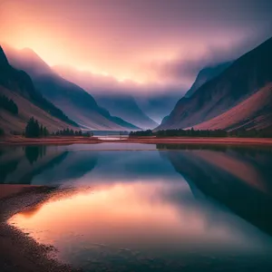 Serene Sunset Over Majestic Lake and Mountains