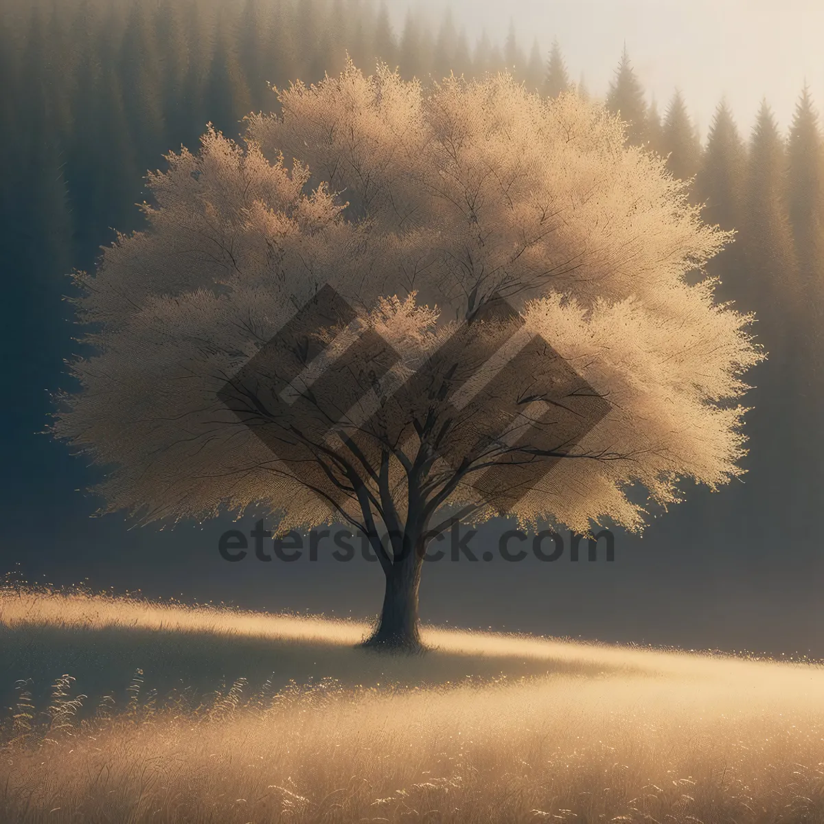Picture of Winter Wonderland: Snow-covered Field with Majestic Trees and a Vibrant Sunset