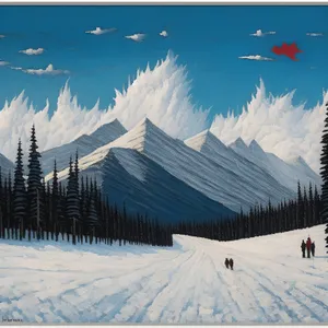 Winter landscape with snowy mountains and ski slope.