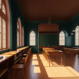 Stylish Restaurant Interior with Wood Furniture and Counter