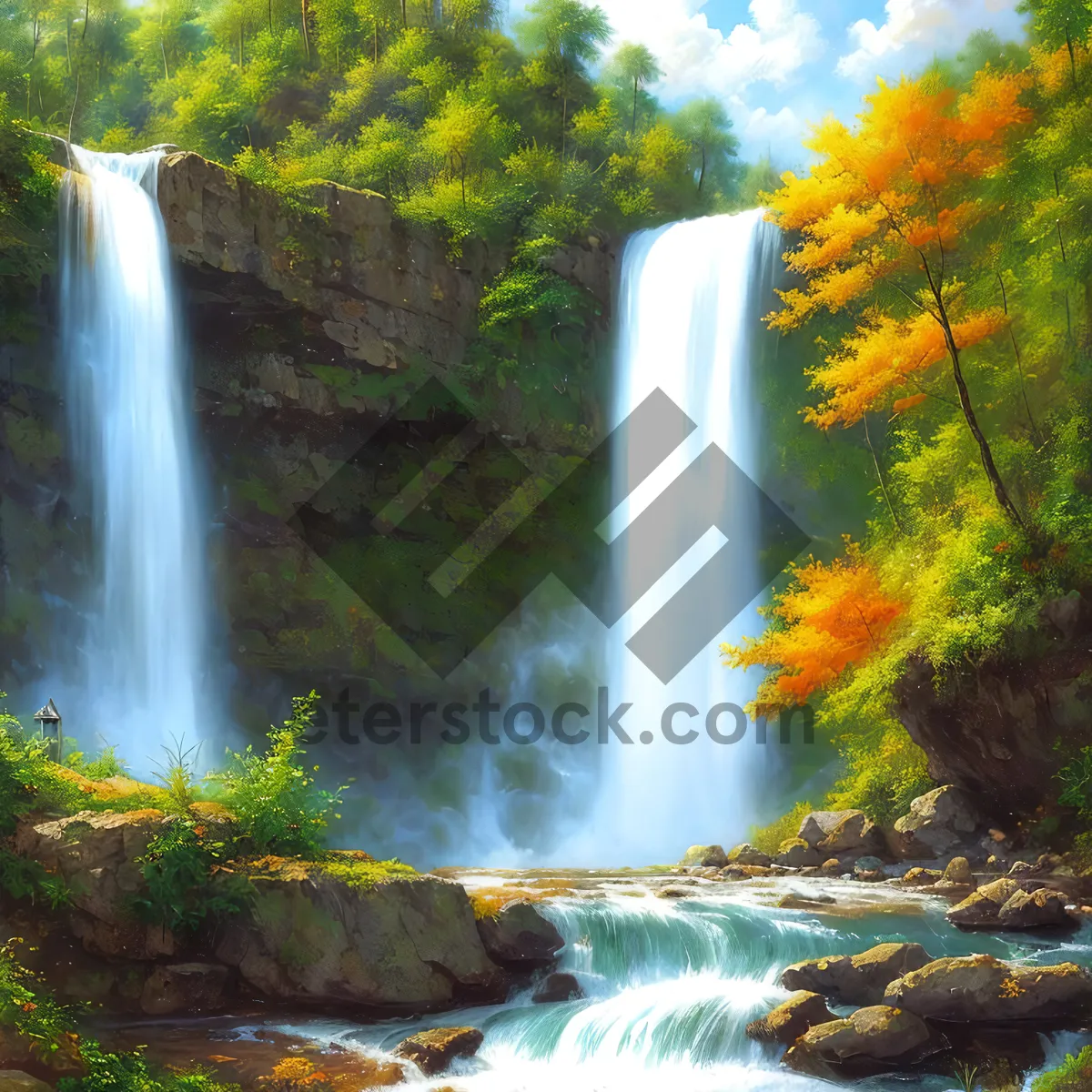 Picture of Serene Waterfall Cascade Through Mossy Forest