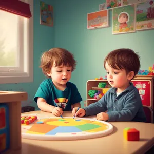 Joyful siblings learning together in preschool.