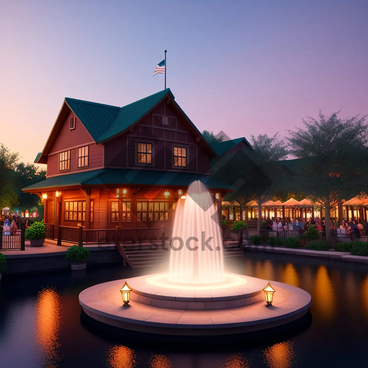 Picture of Cityscape Night View with Beautiful Fountain