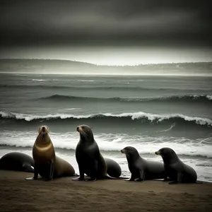 Playful marine wildlife on sandy beach