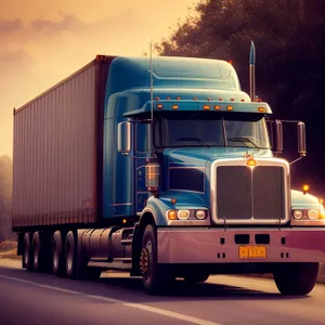 Heavy-duty truck hauling cargo on highway under cloudy sky