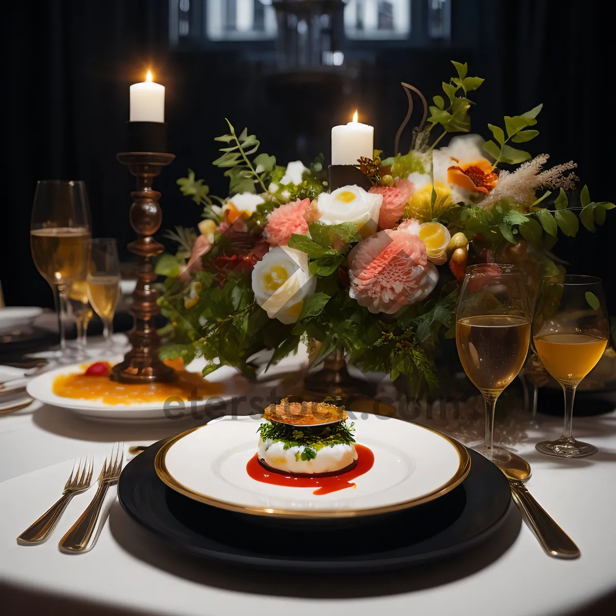 Picture of Elegant dining table setting with flowers and wine.