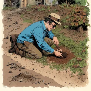 Farmer Man Working on Jigsaw Puzzle Map