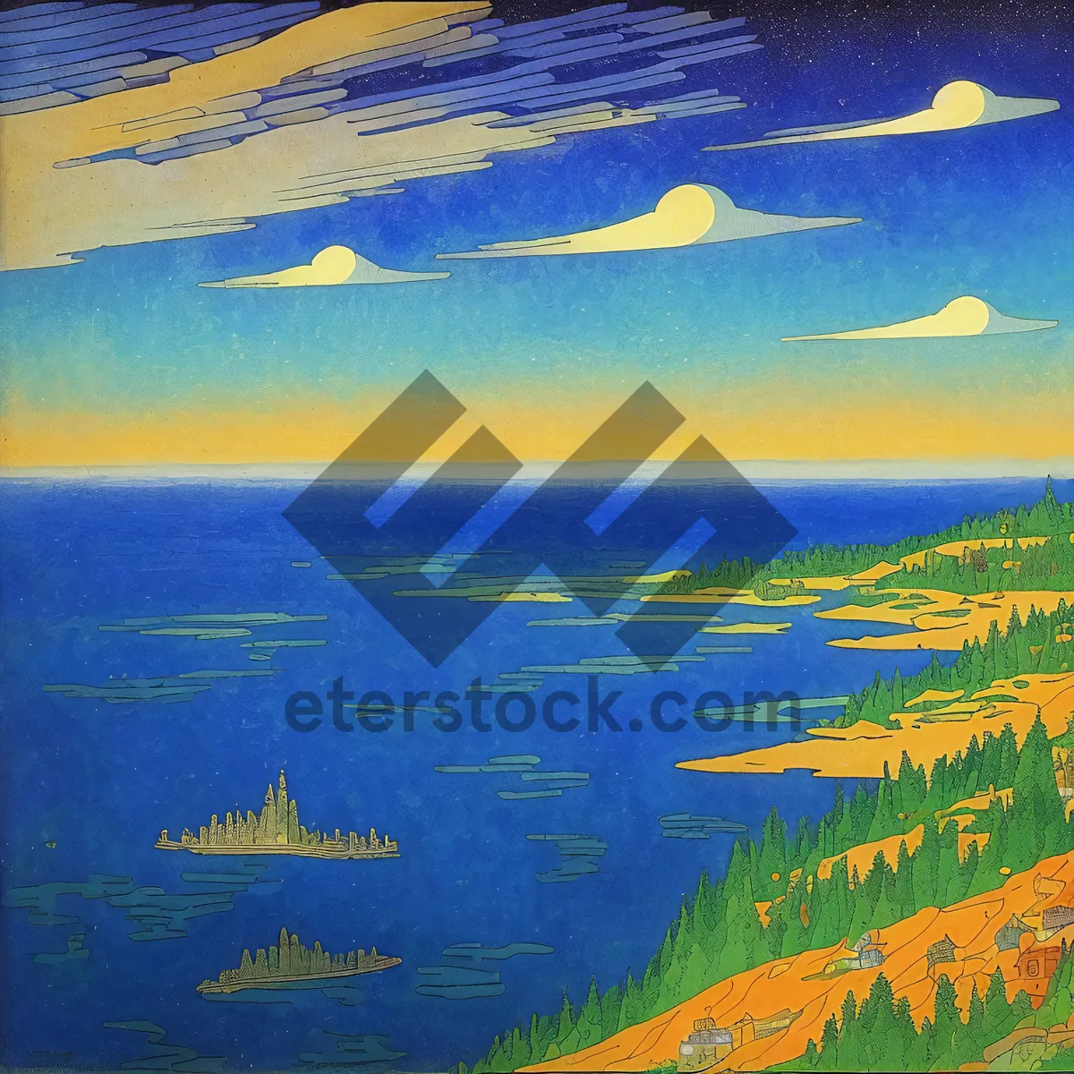 Picture of Sunlit Ocean Landscape with Paintbrush and Water