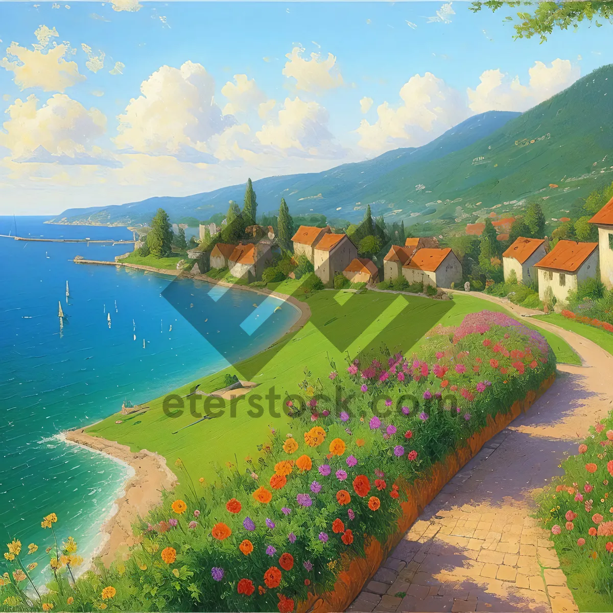Picture of Sunny beach with tree by the ocean coast.