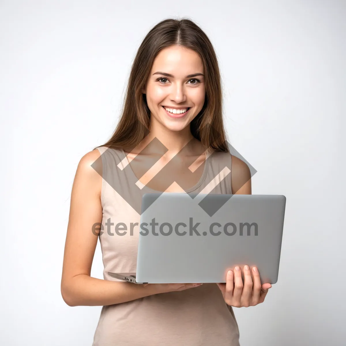 Picture of Happy brunette businesswoman working on laptop at home.