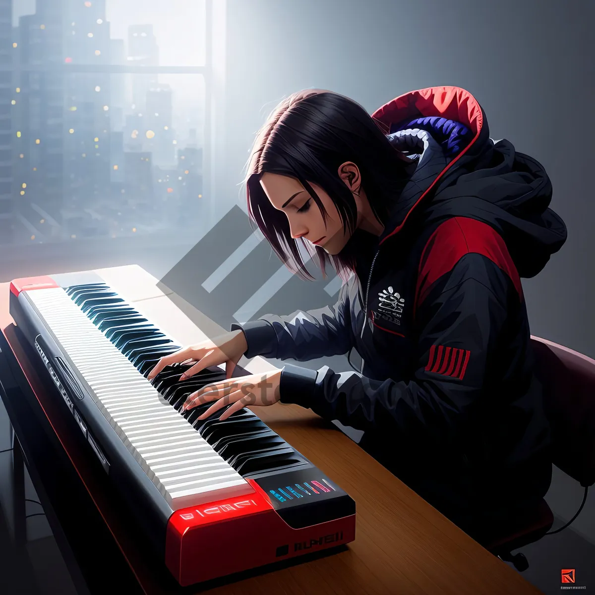 Picture of Musical Keyboard Player with Laptop and Synthesizer