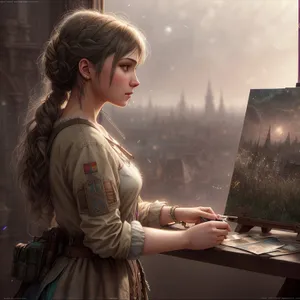 Happy businesswoman working on laptop in office.