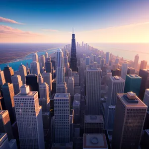 Downtown Cityscape at Dusk: Urban Skyscrapers on Riverbank