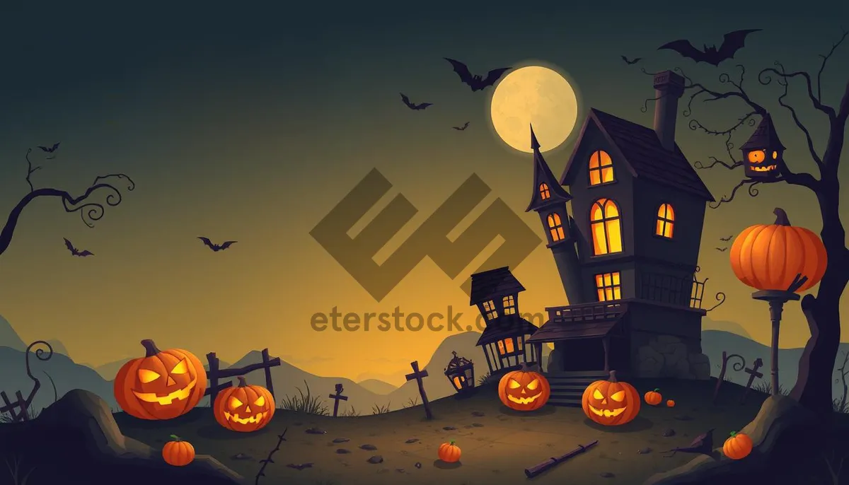 Picture of Silhouette pumpkin in moonlit cemetery under orange sky