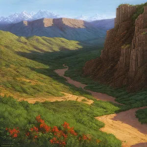 Southwest River Canyon Landscape with Majestic Mountain Range