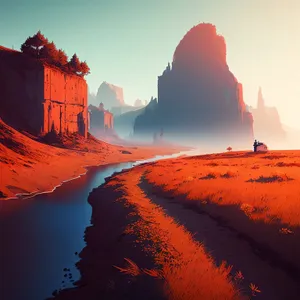 Sunset Over Desert Mountains and Ravine