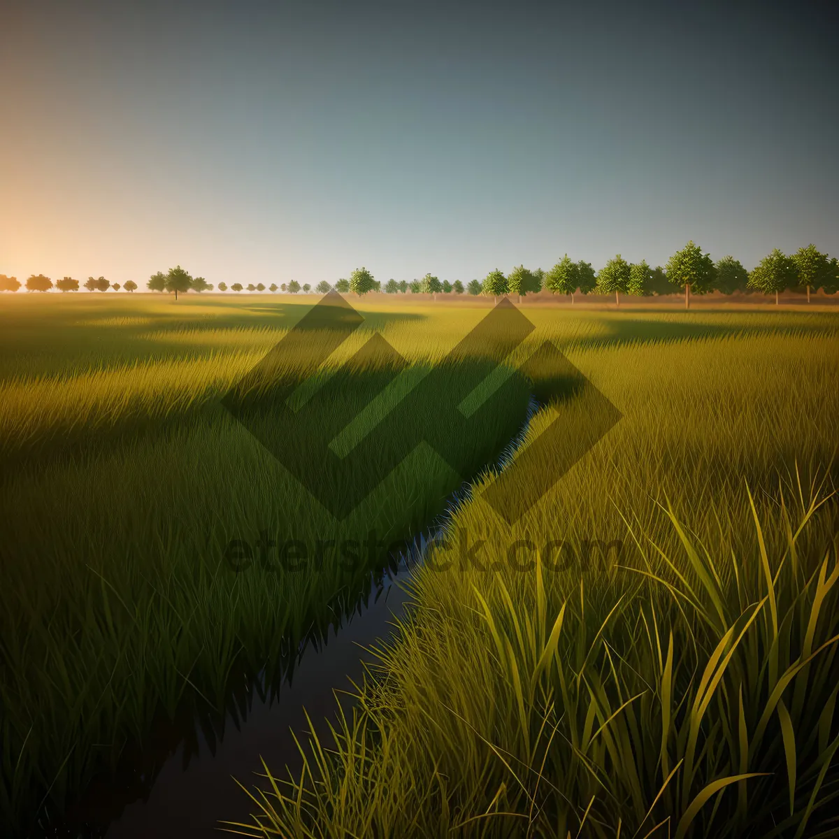 Picture of Serene Summer Sunset Over Countryside Meadow