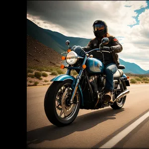 High-Speed Biker with Protective Helmet on Mountain Road