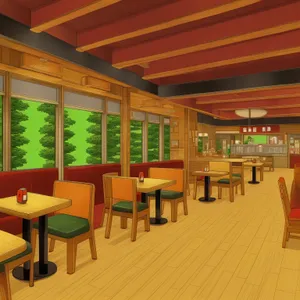 Modern interior design of luxury restaurant with wooden furniture